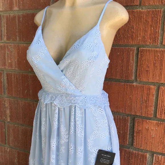 LAST ONE❗Lulu's Vintage Feminine Chic Powder Blue Embroidered Eyelet Midi Dress - Picture 3 of 10